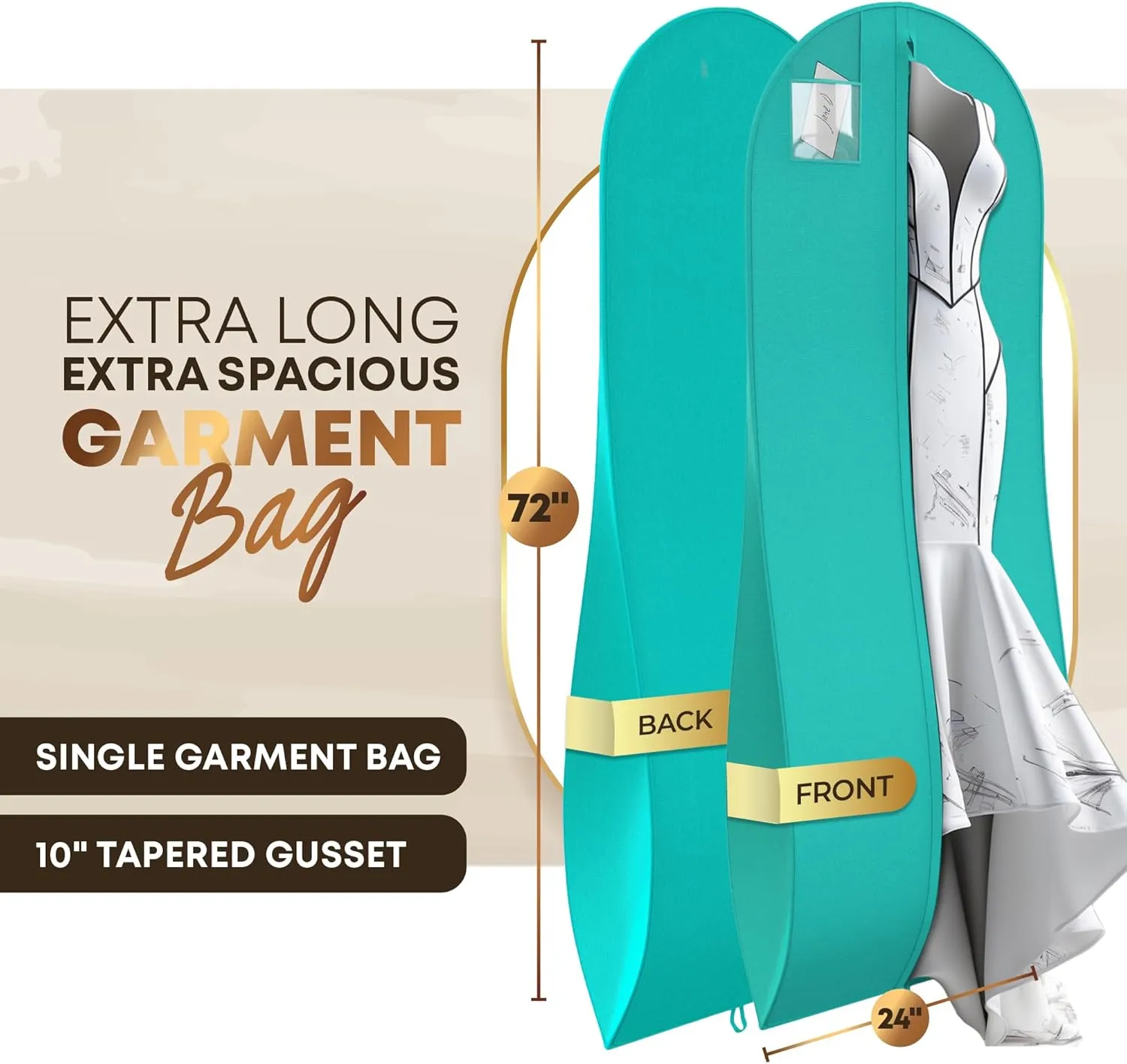 72" Tapered Long Dress Bags for Gowns - Wedding Dress Garment Bag for Dresses - Long Garment Bags for Hanging Clothes & Closet Storage, Dress Bag for Airplane Travel for Women with ID Window