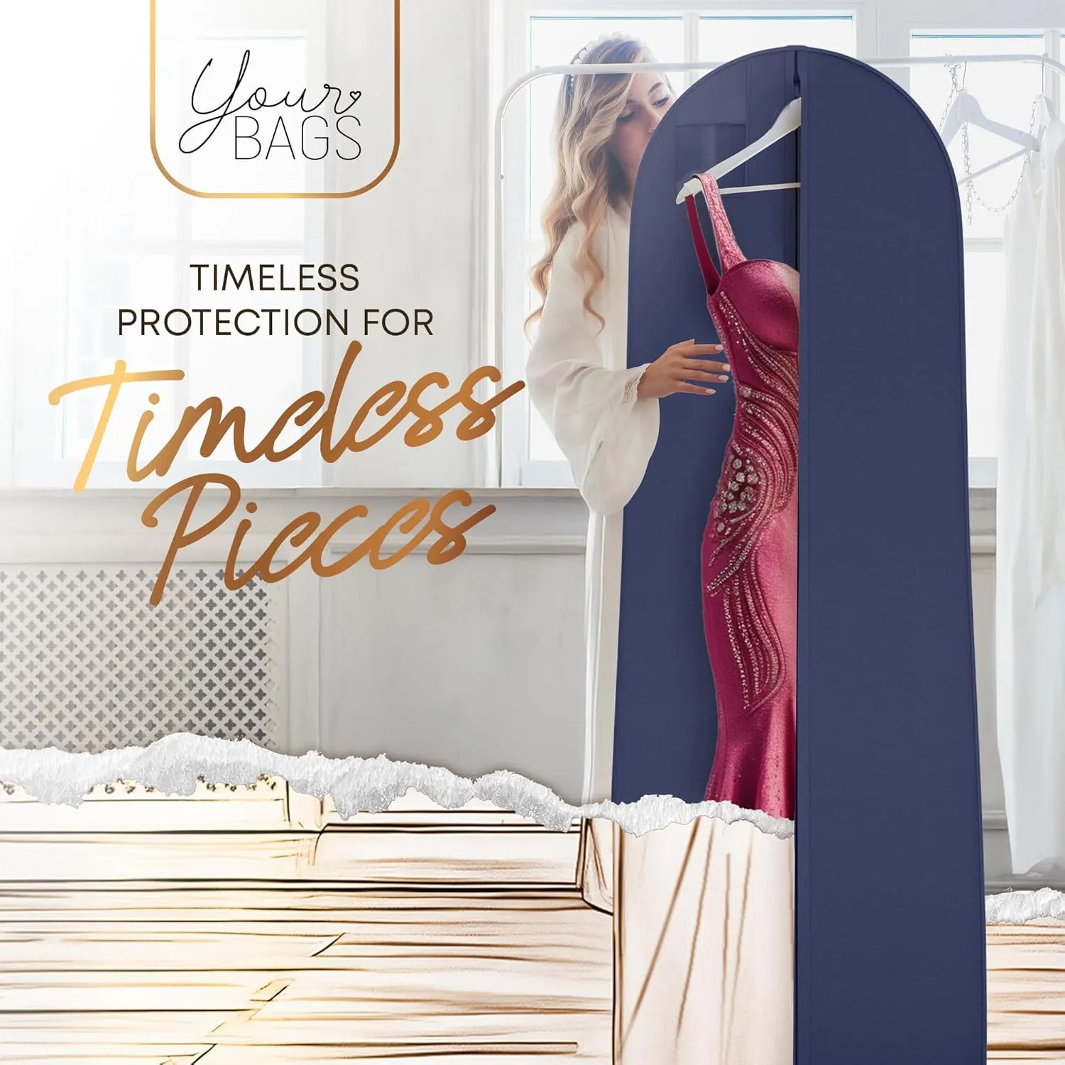 72" Tapered Long Dress Bags for Gowns - Wedding Dress Garment Bag for Dresses - Long Garment Bags for Hanging Clothes & Closet Storage, Dress Bag for Airplane Travel for Women with ID Window