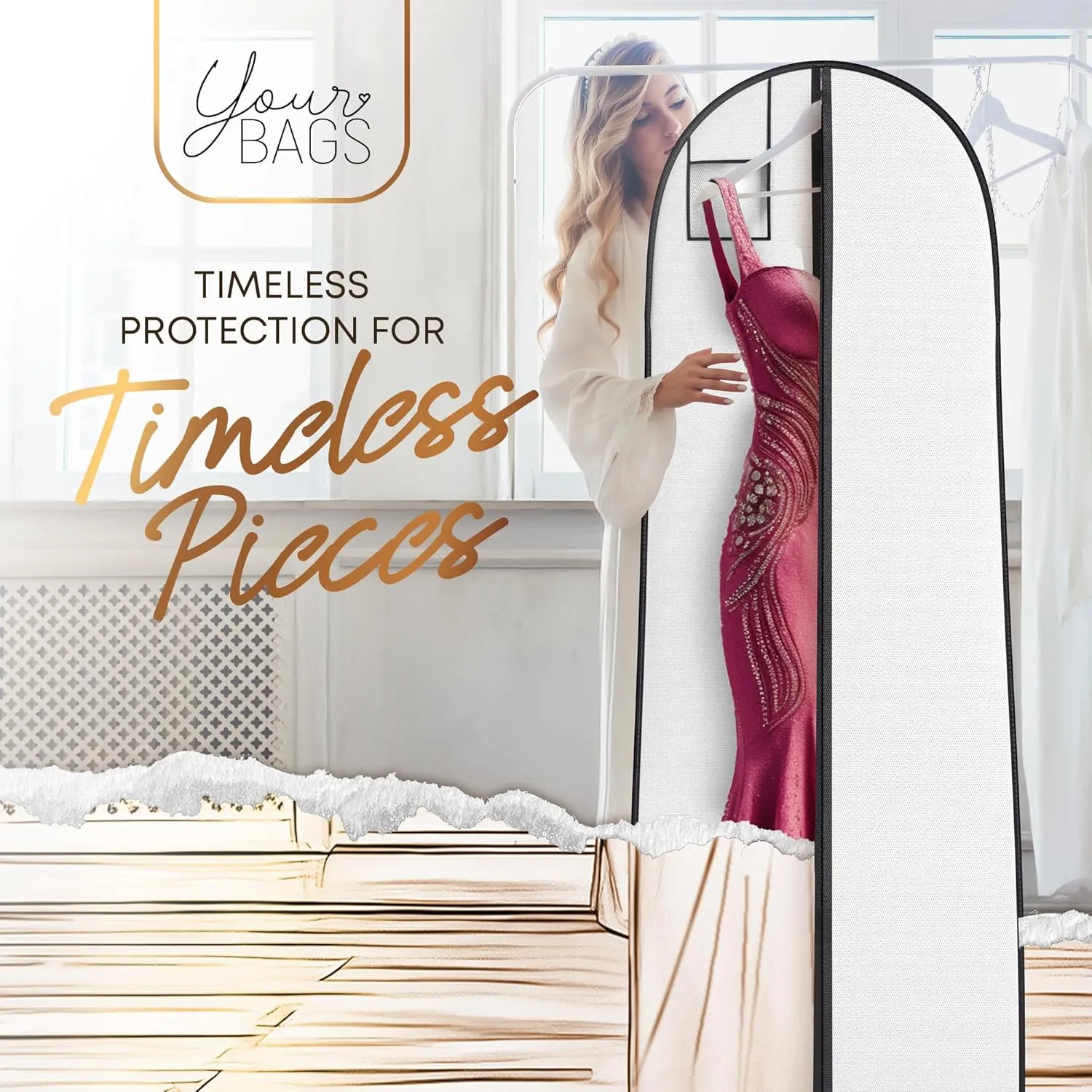 72" Tapered Long Dress Bags for Gowns - Wedding Dress Garment Bag for Dresses - Long Garment Bags for Hanging Clothes & Closet Storage, Dress Bag for Airplane Travel for Women with ID Window