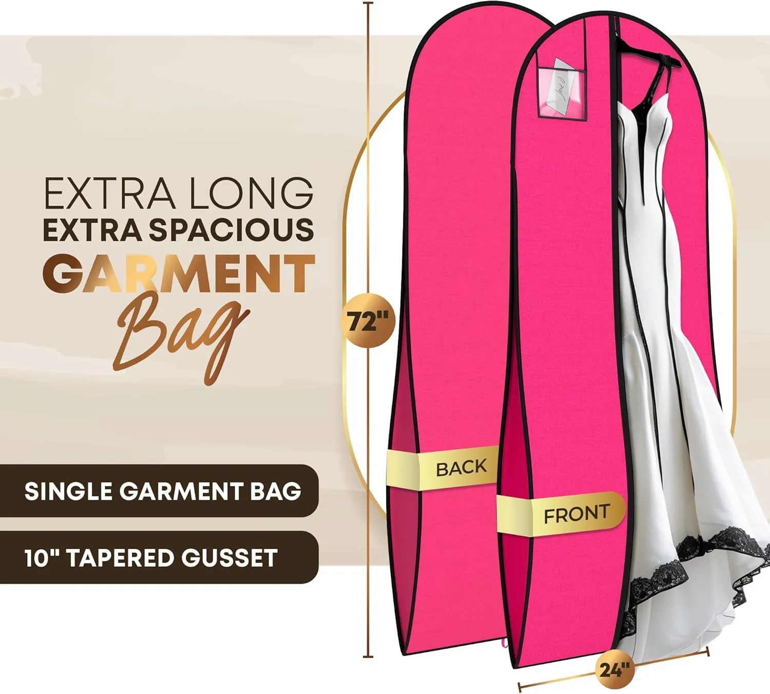 72" Tapered Long Dress Bags for Gowns - Wedding Dress Garment Bag for Dresses - Long Garment Bags for Hanging Clothes & Closet Storage, Dress Bag for Airplane Travel for Women with ID Window