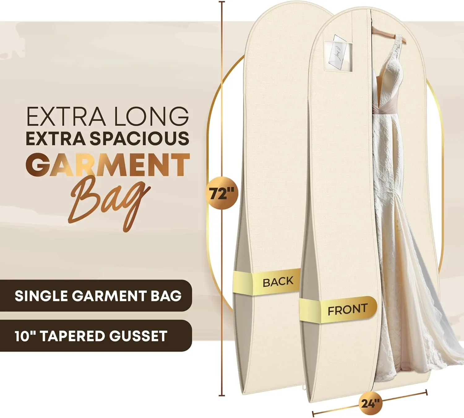 72" Tapered Long Dress Bags for Gowns - Wedding Dress Garment Bag for Dresses - Long Garment Bags for Hanging Clothes & Closet Storage, Dress Bag for Airplane Travel for Women with ID Window