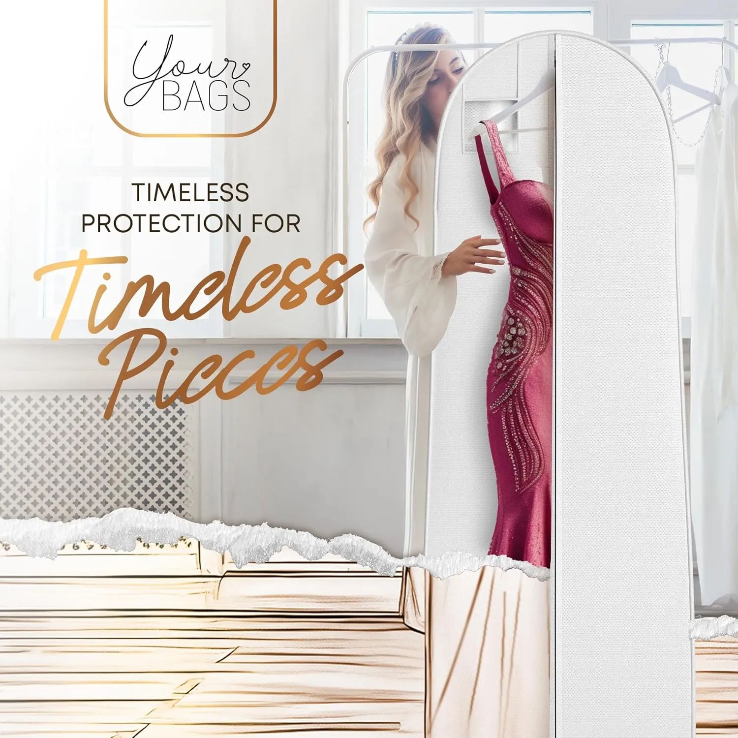 72" Tapered Long Dress Bags for Gowns - Wedding Dress Garment Bag for Dresses - Long Garment Bags for Hanging Clothes & Closet Storage, Dress Bag for Airplane Travel for Women with ID Window