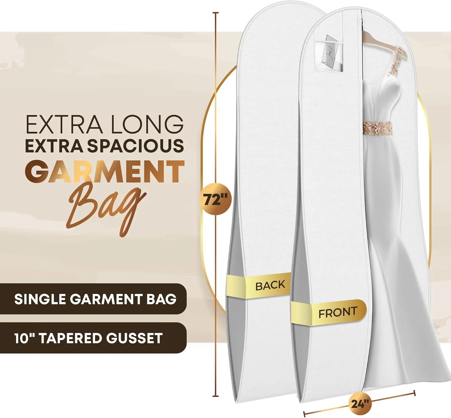 72" Tapered Long Dress Bags for Gowns - Wedding Dress Garment Bag for Dresses - Long Garment Bags for Hanging Clothes & Closet Storage, Dress Bag for Airplane Travel for Women with ID Window