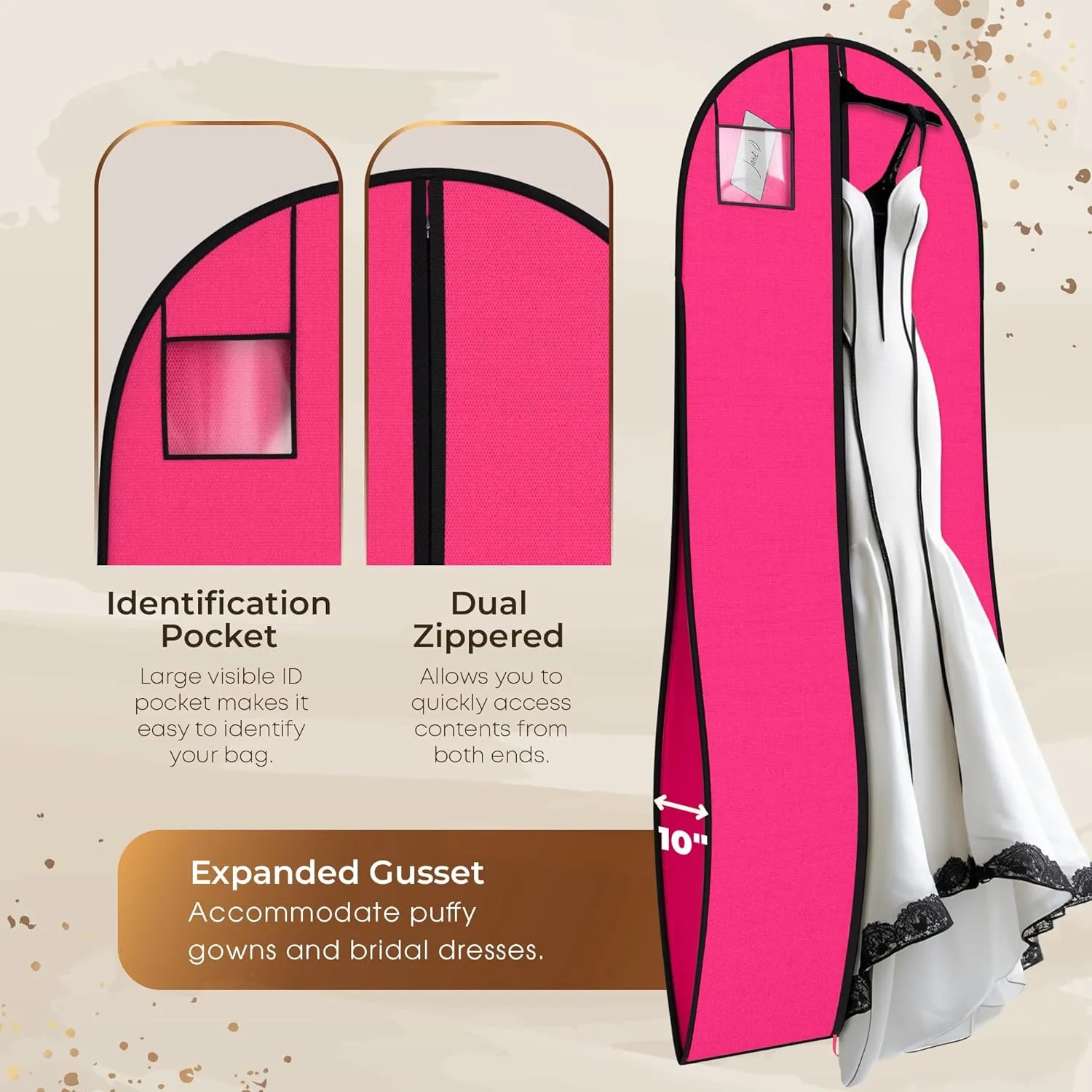 72" Tapered Long Dress Bags for Gowns - Wedding Dress Garment Bag for Dresses - Long Garment Bags for Hanging Clothes & Closet Storage, Dress Bag for Airplane Travel for Women with ID Window
