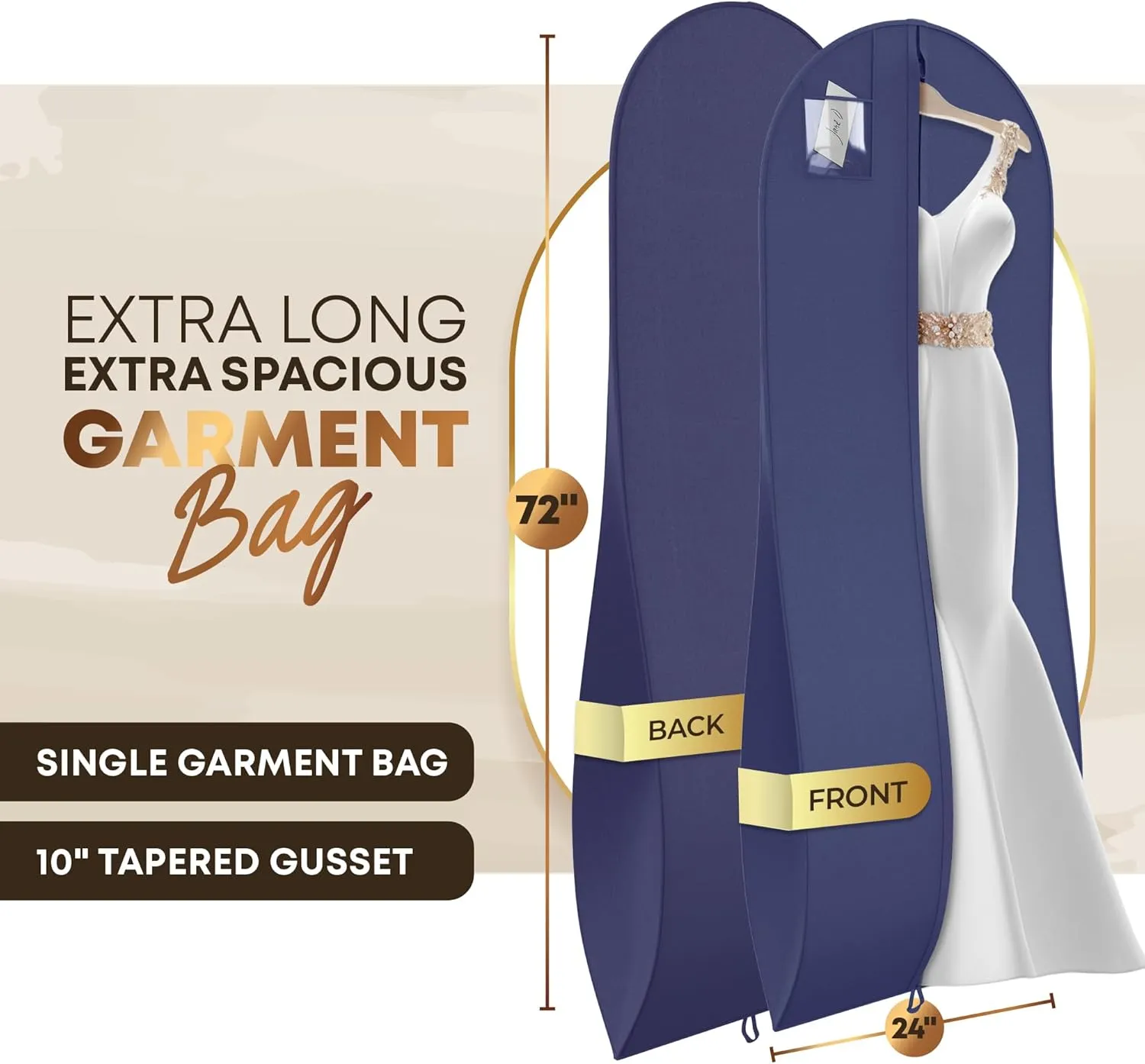 72" Tapered Long Dress Bags for Gowns - Wedding Dress Garment Bag for Dresses - Long Garment Bags for Hanging Clothes & Closet Storage, Dress Bag for Airplane Travel for Women with ID Window