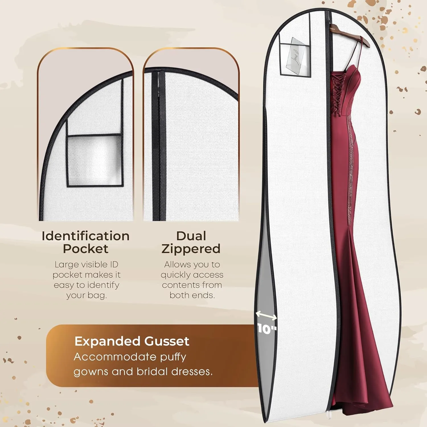 72" Tapered Long Dress Bags for Gowns - Wedding Dress Garment Bag for Dresses - Long Garment Bags for Hanging Clothes & Closet Storage, Dress Bag for Airplane Travel for Women with ID Window
