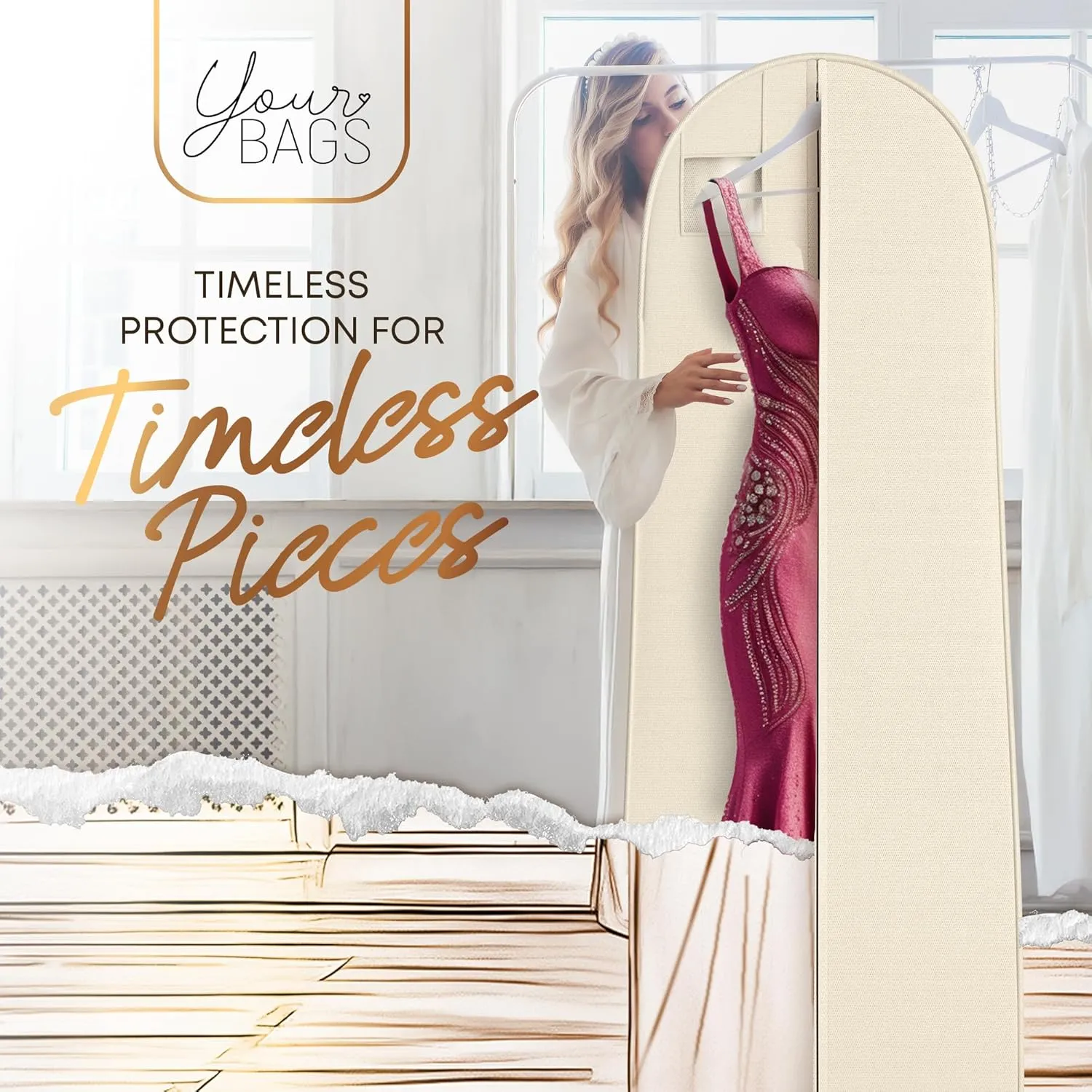 72" Tapered Long Dress Bags for Gowns - Wedding Dress Garment Bag for Dresses - Long Garment Bags for Hanging Clothes & Closet Storage, Dress Bag for Airplane Travel for Women with ID Window