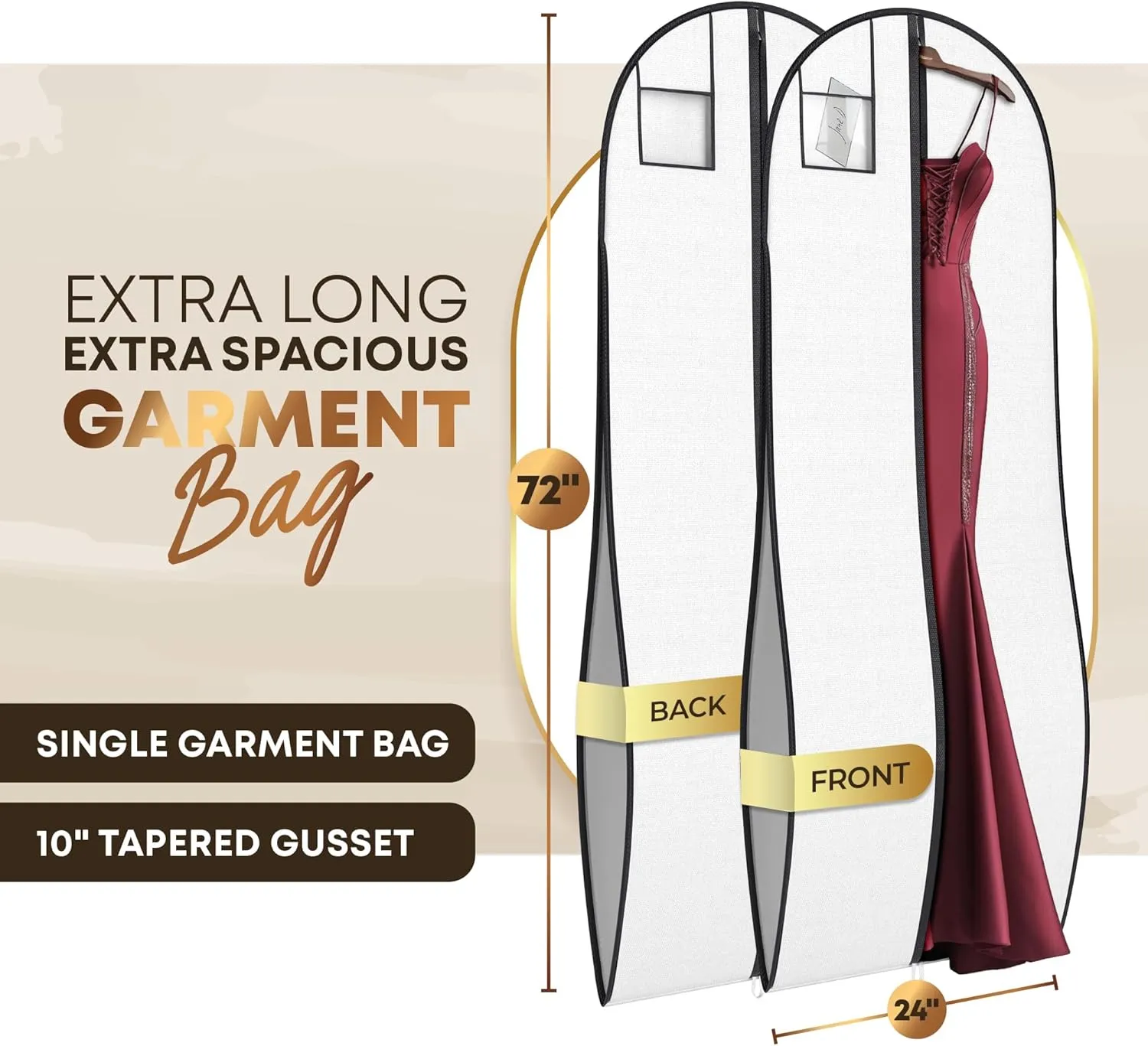 72" Tapered Long Dress Bags for Gowns - Wedding Dress Garment Bag for Dresses - Long Garment Bags for Hanging Clothes & Closet Storage, Dress Bag for Airplane Travel for Women with ID Window