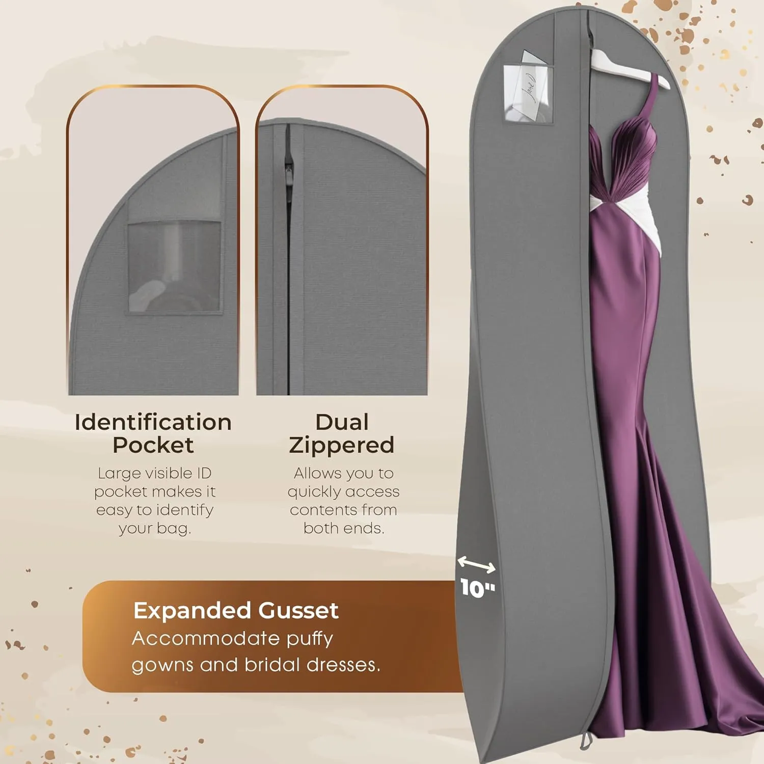 72" Tapered Long Dress Bags for Gowns - Wedding Dress Garment Bag for Dresses - Long Garment Bags for Hanging Clothes & Closet Storage, Dress Bag for Airplane