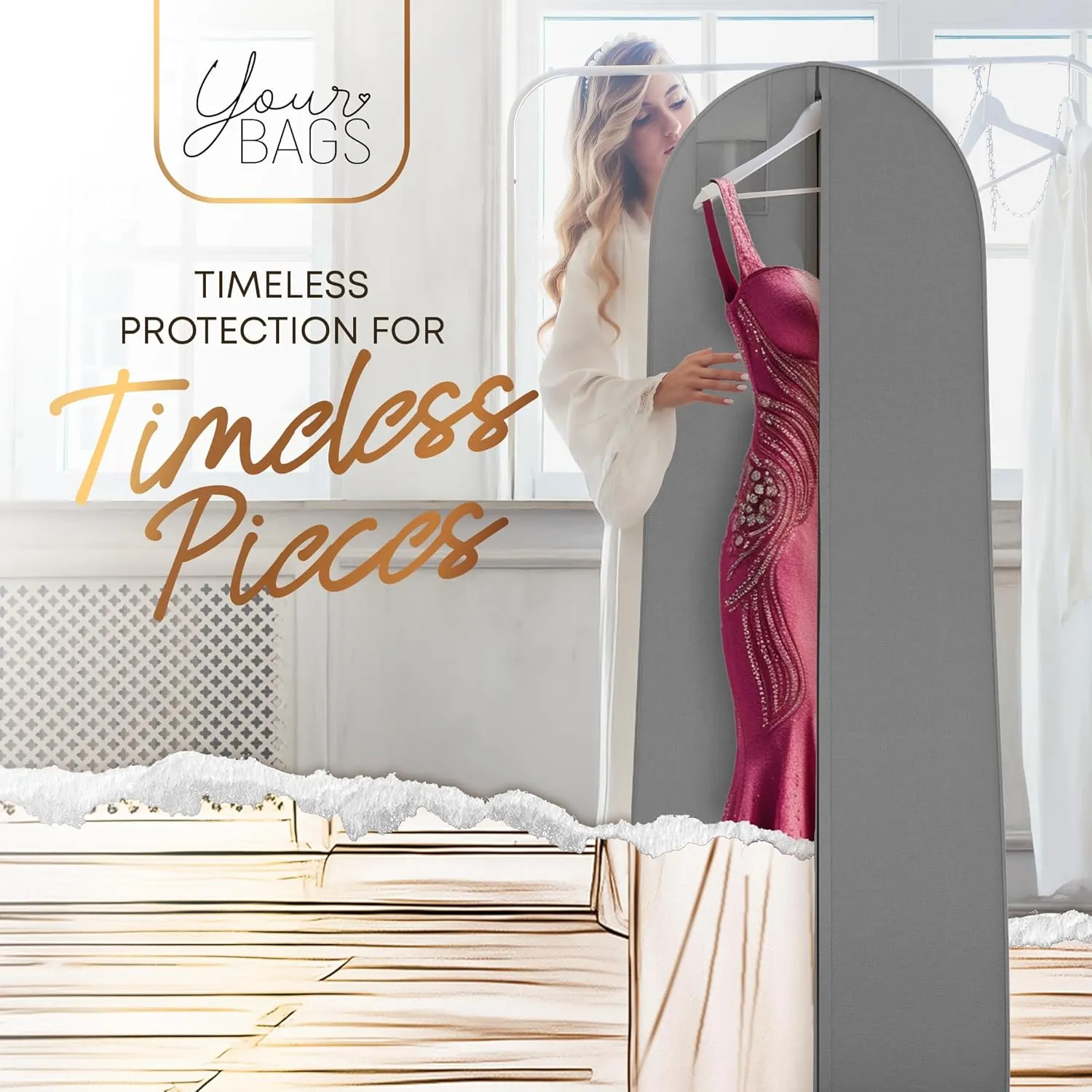 72" Tapered Long Dress Bags for Gowns - Wedding Dress Garment Bag for Dresses - Long Garment Bags for Hanging Clothes & Closet Storage, Dress Bag for Airplane