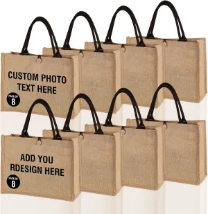 8 Pcs Custom Burlap Tote Bags Personalized Pictures and Text Reusable Canvas Gift Bags for Daily Necessities