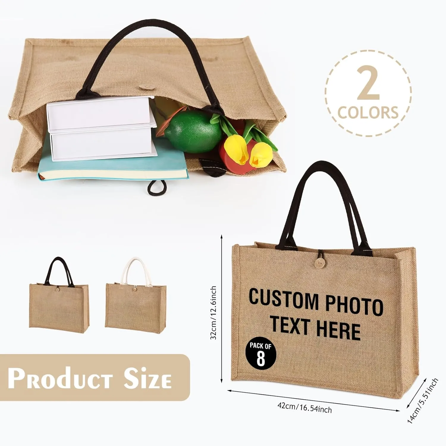 8 Pcs Custom Burlap Tote Bags Personalized Pictures and Text Reusable Canvas Gift Bags for Daily Necessities