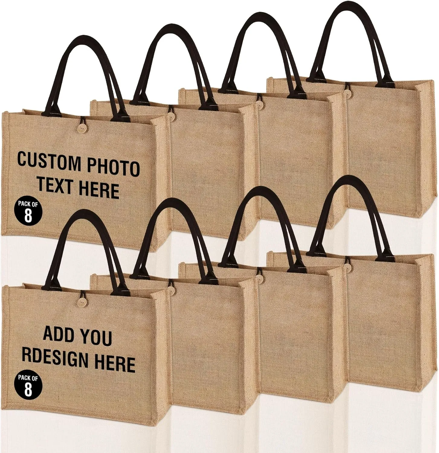 8 Pcs Custom Burlap Tote Bags Personalized Pictures and Text Reusable Canvas Gift Bags for Daily Necessities