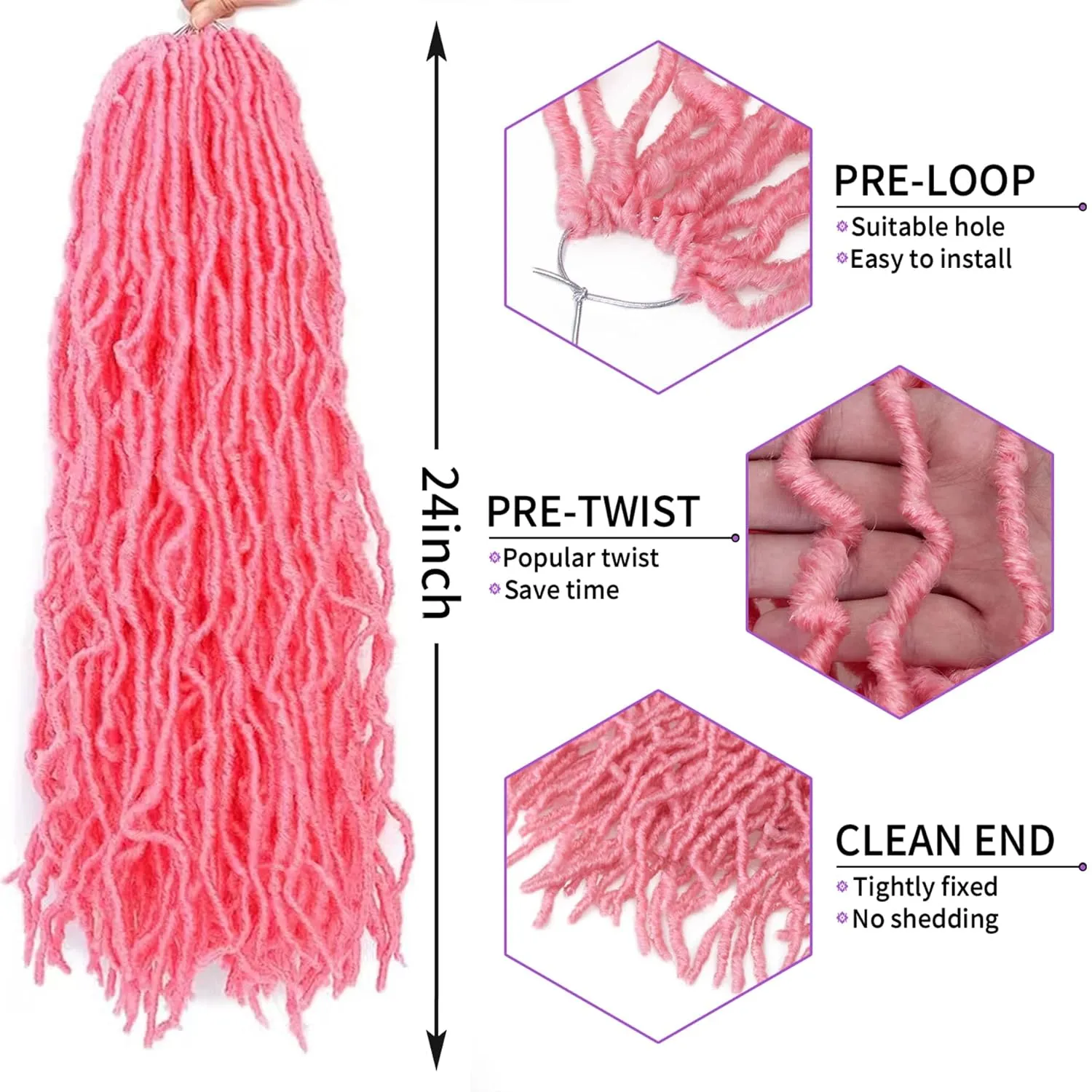 9Packs Nu Locs Crochet Hair Braids Long Soft Locs 24inch Crochet Hair Pre-looped Goddess locs Curly wave Synthetic Hair for Black Women (Pink, 24)