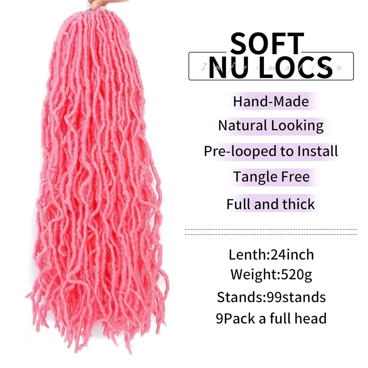 9Packs Nu Locs Crochet Hair Braids Long Soft Locs 24inch Crochet Hair Pre-looped Goddess locs Curly wave Synthetic Hair for Black Women (Pink, 24)