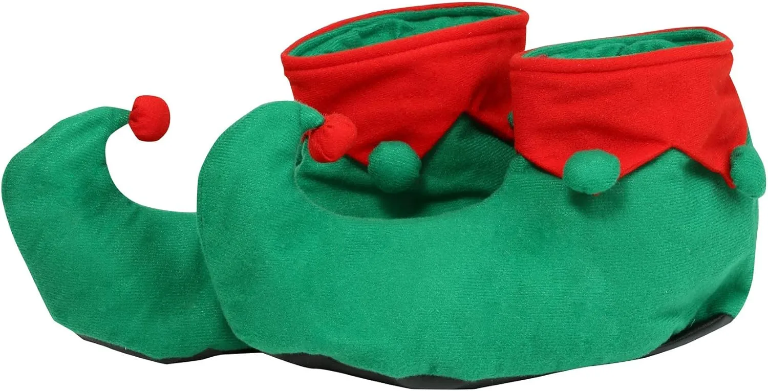 Adult Christmas Elf Shoes, Polyester Flannel with Pompoms and Faux Leather Soles