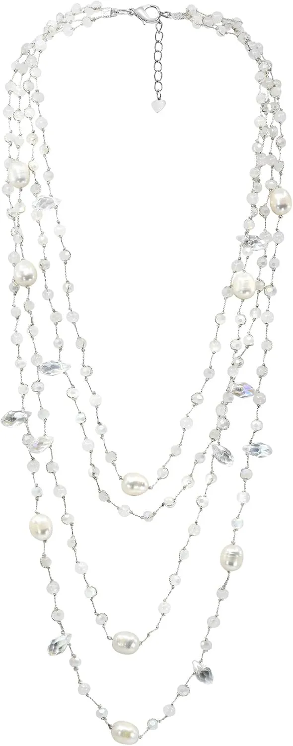 AeraVida Boho Chic Inspired Collection of Cultured Freshwater Pearls, Moonstone, and Mixed Stone on Silk Thread Multi-Strand Layered Necklace for a Casual and Trendy Fashion Statement