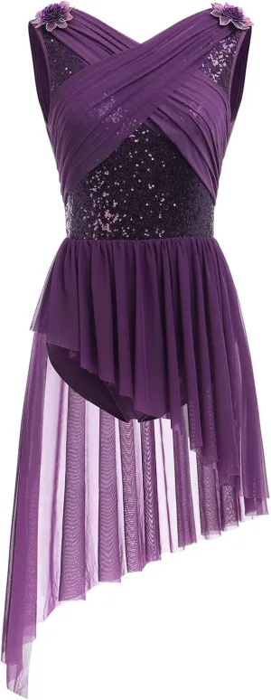 AFAVOM Women's Lyrical Dance Costume Sequin Flower Lyrical Dress Asymmetric Flowy Tulle Skirt Contemporary Dance Costumes