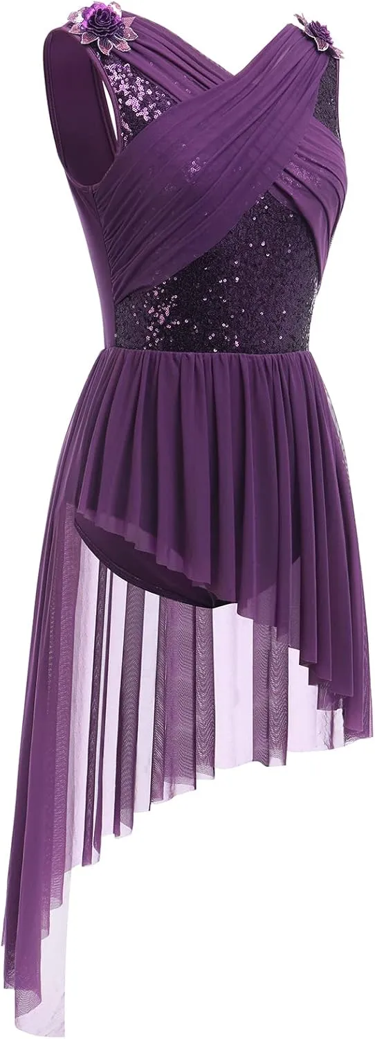 AFAVOM Women's Lyrical Dance Costume Sequin Flower Lyrical Dress Asymmetric Flowy Tulle Skirt Contemporary Dance Costumes