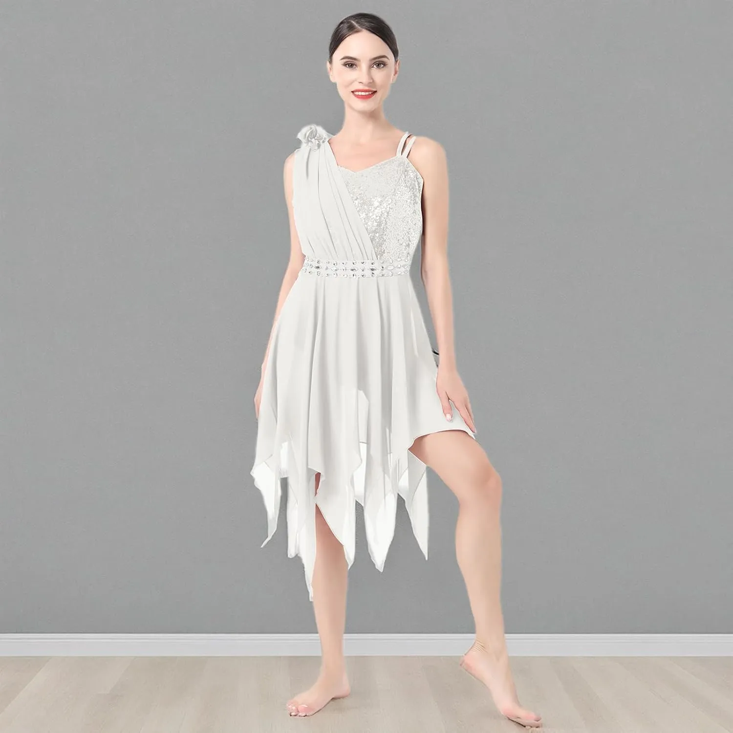 AFAVOM Women's Lyrical Dance Costume Sequin Flower Lyrical Dress Asymmetric Flowy Tulle Skirt Contemporary Dance Costumes