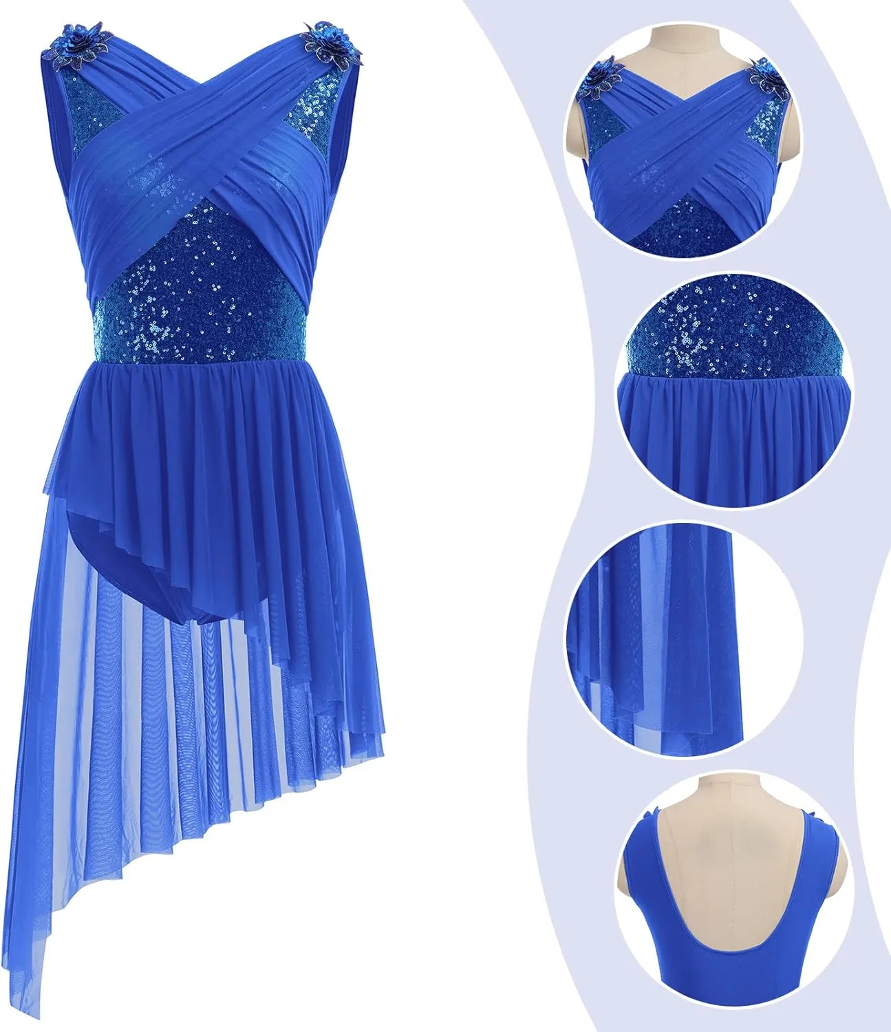 AFAVOM Women's Lyrical Dance Costume Sequin Flower Lyrical Dress Asymmetric Flowy Tulle Skirt Contemporary Dance Costumes