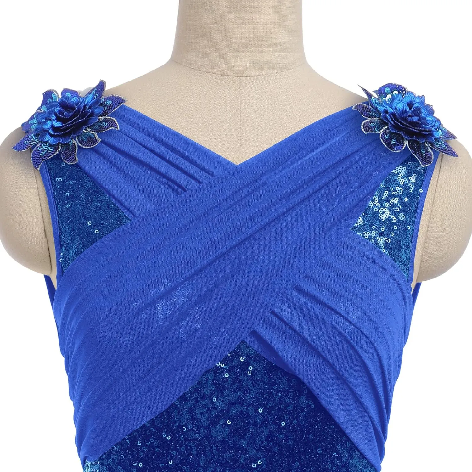 AFAVOM Women's Lyrical Dance Costume Sequin Flower Lyrical Dress Asymmetric Flowy Tulle Skirt Contemporary Dance Costumes