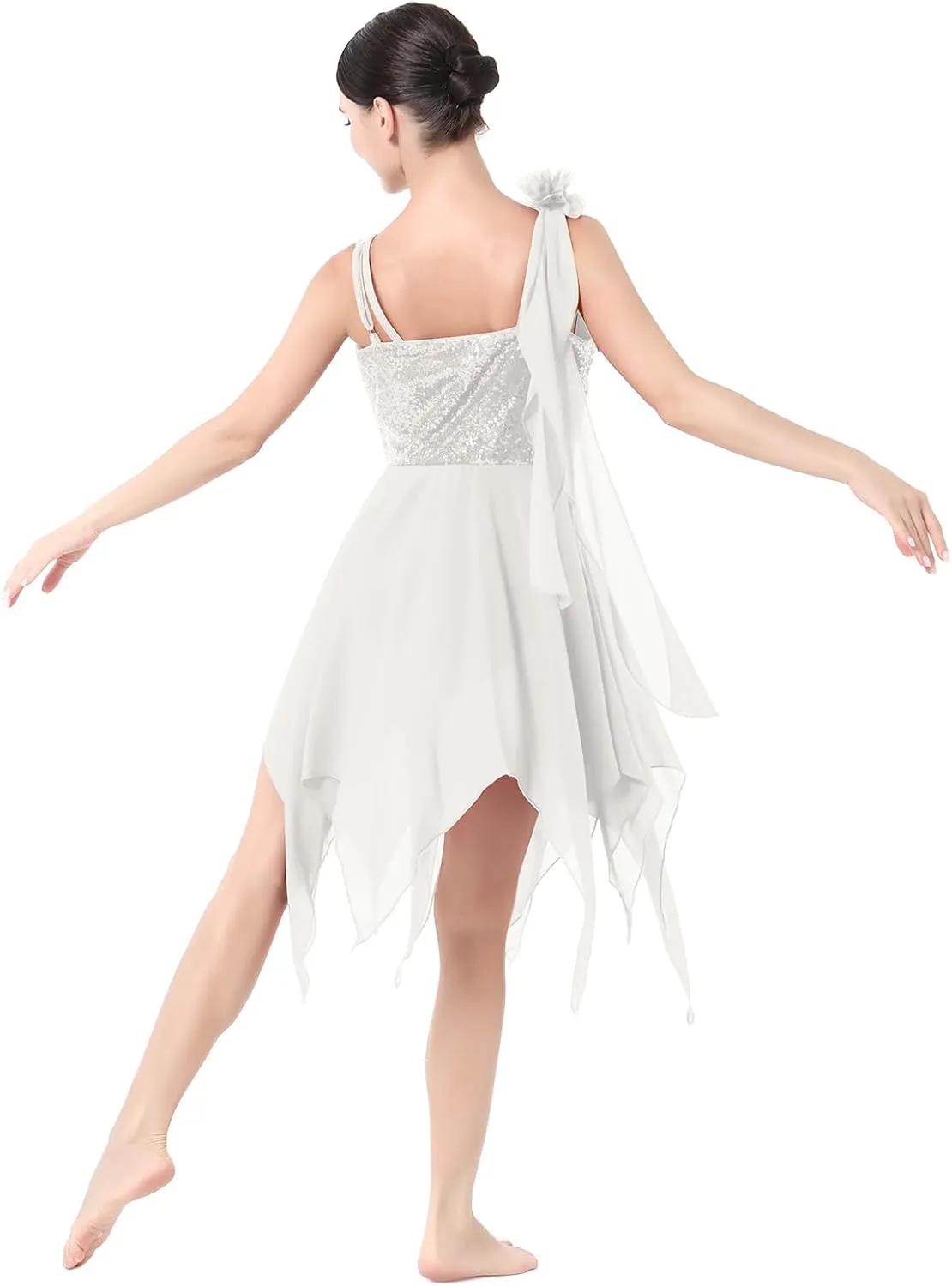 AFAVOM Women's Lyrical Dance Costume Sequin Flower Lyrical Dress Asymmetric Flowy Tulle Skirt Contemporary Dance Costumes