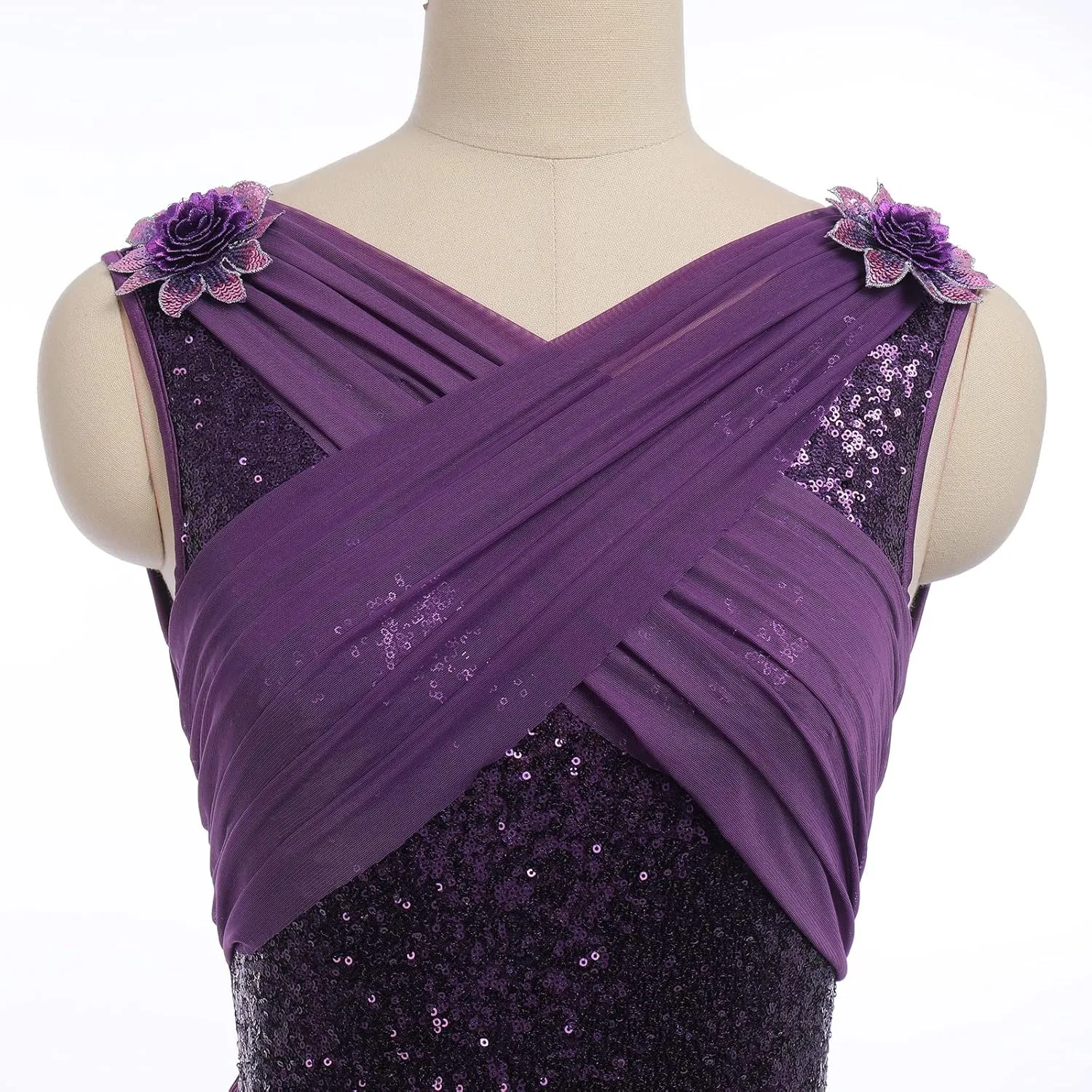 AFAVOM Women's Lyrical Dance Costume Sequin Flower Lyrical Dress Asymmetric Flowy Tulle Skirt Contemporary Dance Costumes