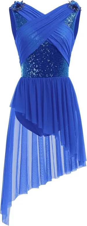 AFAVOM Women's Lyrical Dance Costume Sequin Flower Lyrical Dress Asymmetric Flowy Tulle Skirt Contemporary Dance Costumes