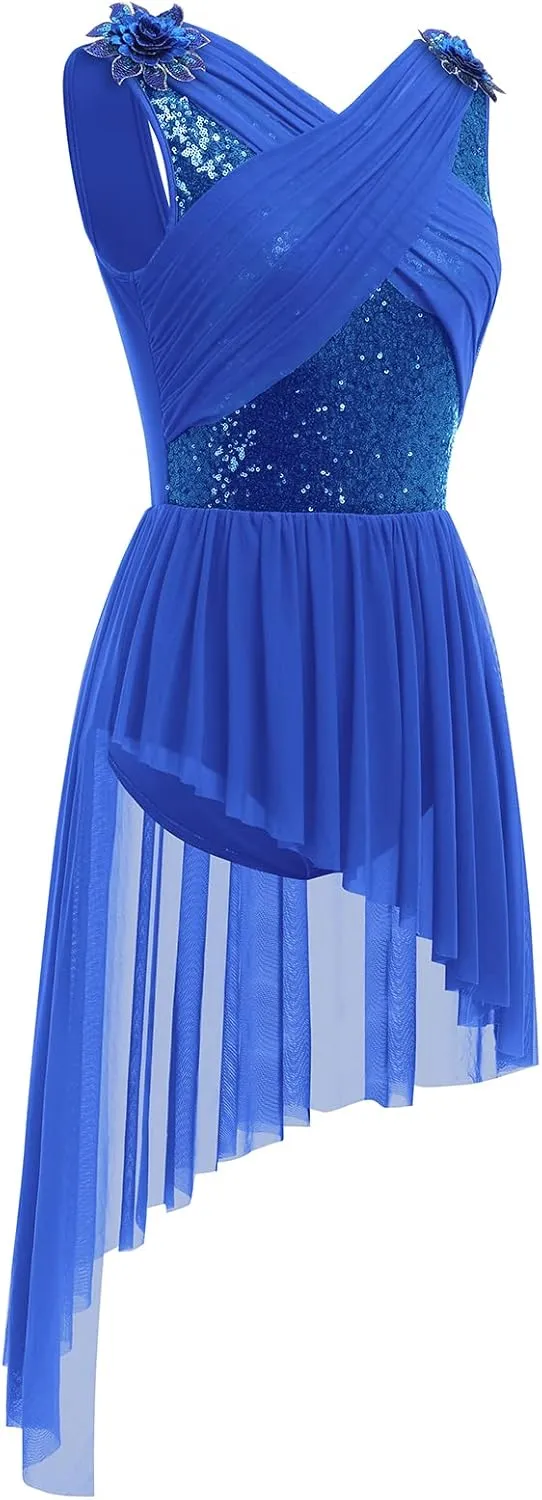 AFAVOM Women's Lyrical Dance Costume Sequin Flower Lyrical Dress Asymmetric Flowy Tulle Skirt Contemporary Dance Costumes