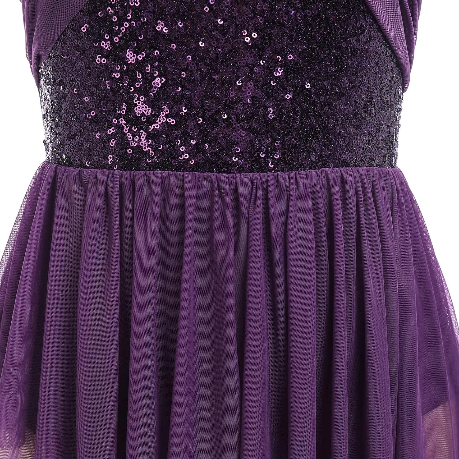 AFAVOM Women's Lyrical Dance Costume Sequin Flower Lyrical Dress Asymmetric Flowy Tulle Skirt Contemporary Dance Costumes