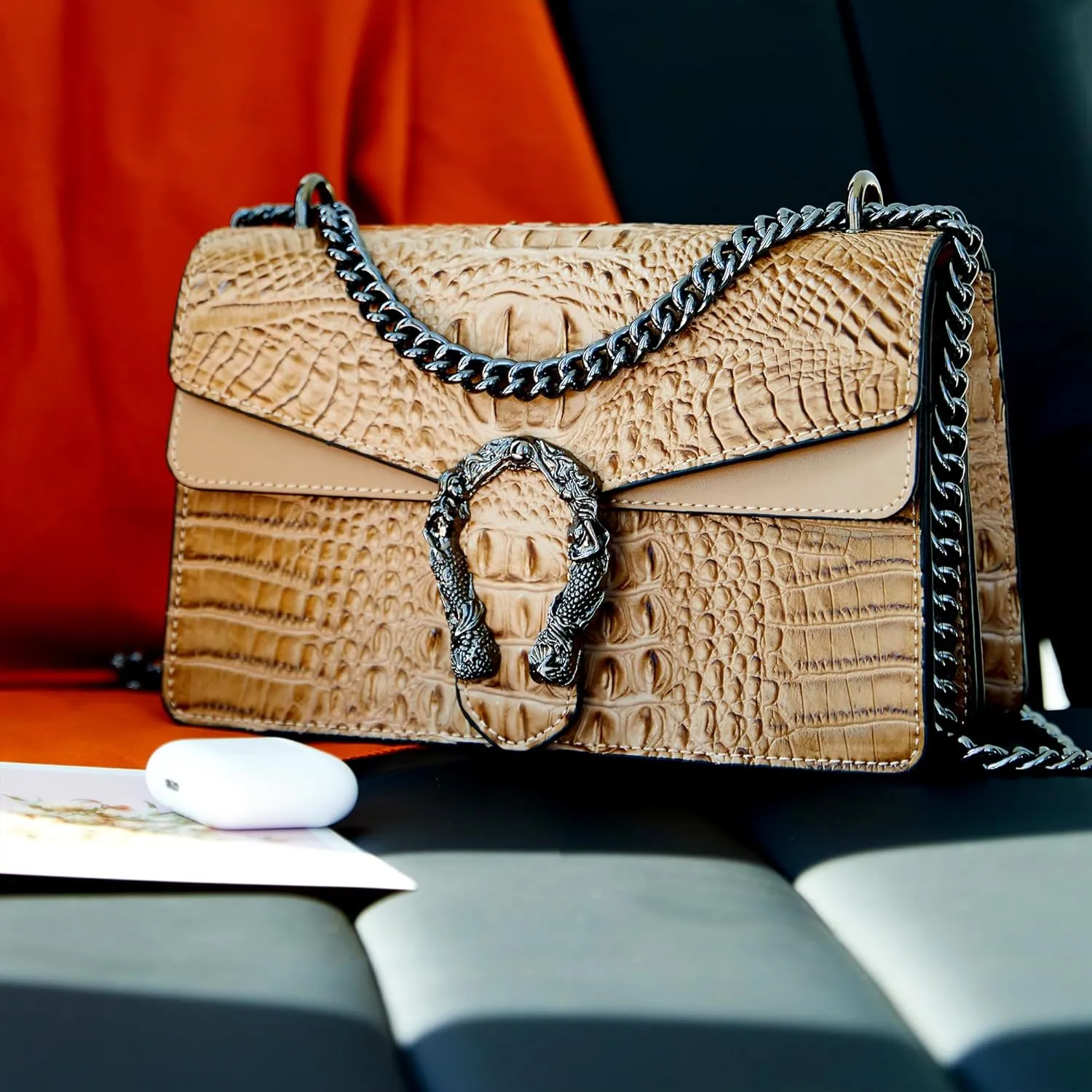 Aiqudou Crossbody Bag and Satchel Purse for Women - Fashion Snake Print Chain Purse Luxury PU Leather HandBag