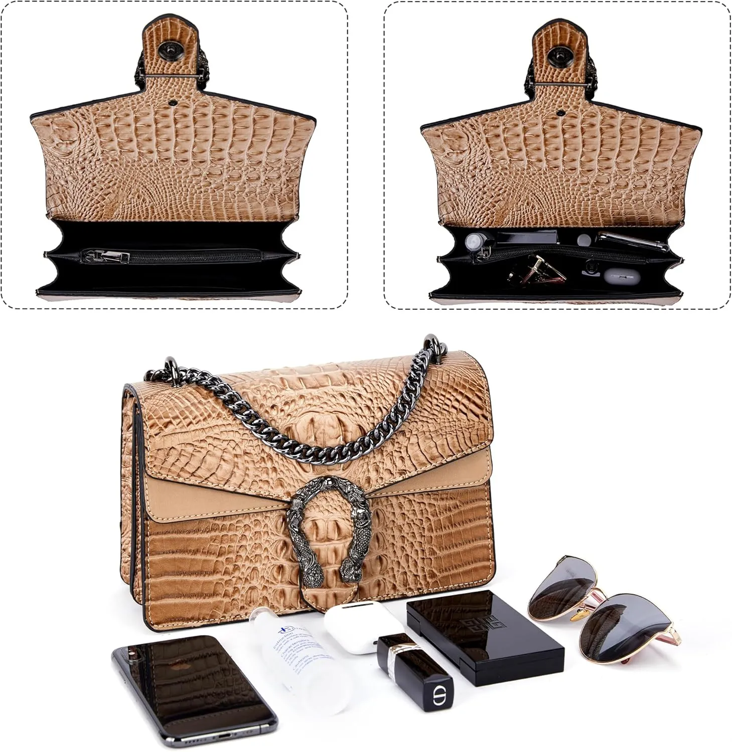 Aiqudou Crossbody Bag and Satchel Purse for Women - Fashion Snake Print Chain Purse Luxury PU Leather HandBag