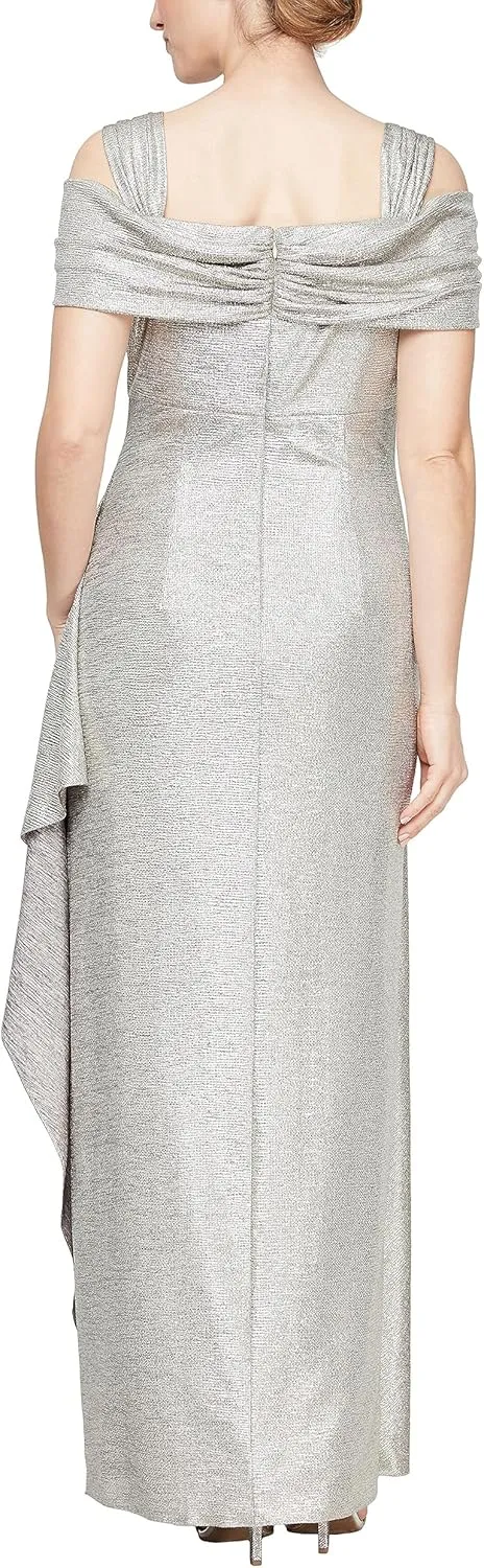Alex Evenings Women's Long Cold Shoulder Dress, Mother of The Bride, Formal Events, (Petite and Regular Sizes)