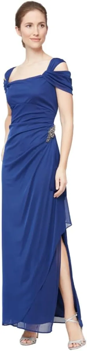 Alex Evenings Women's Long Cold Shoulder Dress, Mother of The Bride, Formal Events, (Petite and Regular Sizes)