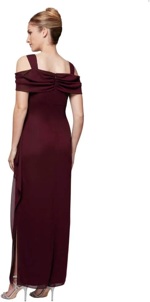 Alex Evenings Women's Long Cold Shoulder Dress, Mother of The Bride, Formal Events, (Petite and Regular Sizes)