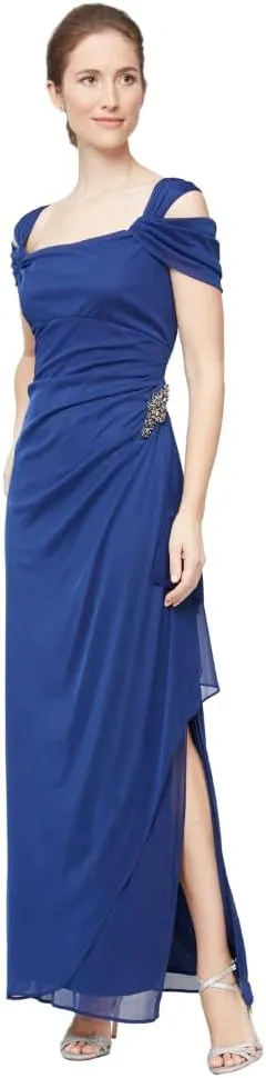 Alex Evenings Women's Long Cold Shoulder Dress, Mother of The Bride, Formal Events, (Petite and Regular Sizes)