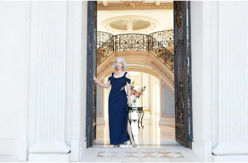 Alex Evenings Women's Long Cold Shoulder Dress, Mother of The Bride, Formal Events, (Petite and Regular Sizes)