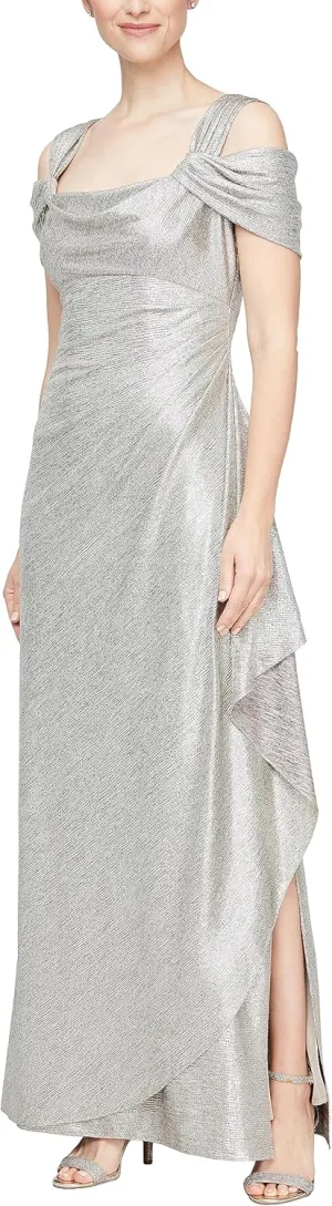 Alex Evenings Women's Long Cold Shoulder Dress, Mother of The Bride, Formal Events, (Petite and Regular Sizes)