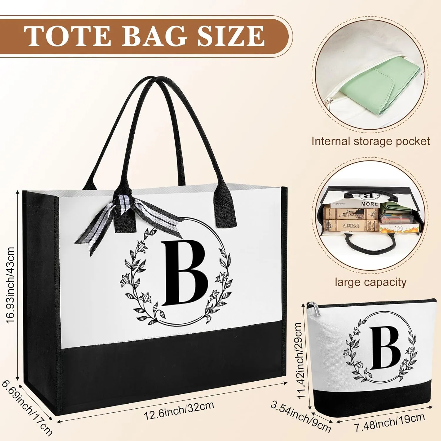 Aliceset Initial Monogram Canvas Tote Bag Personalized Makeup Bag with Zipper 16 oz Glass Cups with Lids Straws Monogrammed(Letter B)