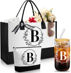 Aliceset Initial Monogram Canvas Tote Bag Personalized Makeup Bag with Zipper 16 oz Glass Cups with Lids Straws Monogrammed(Letter B)