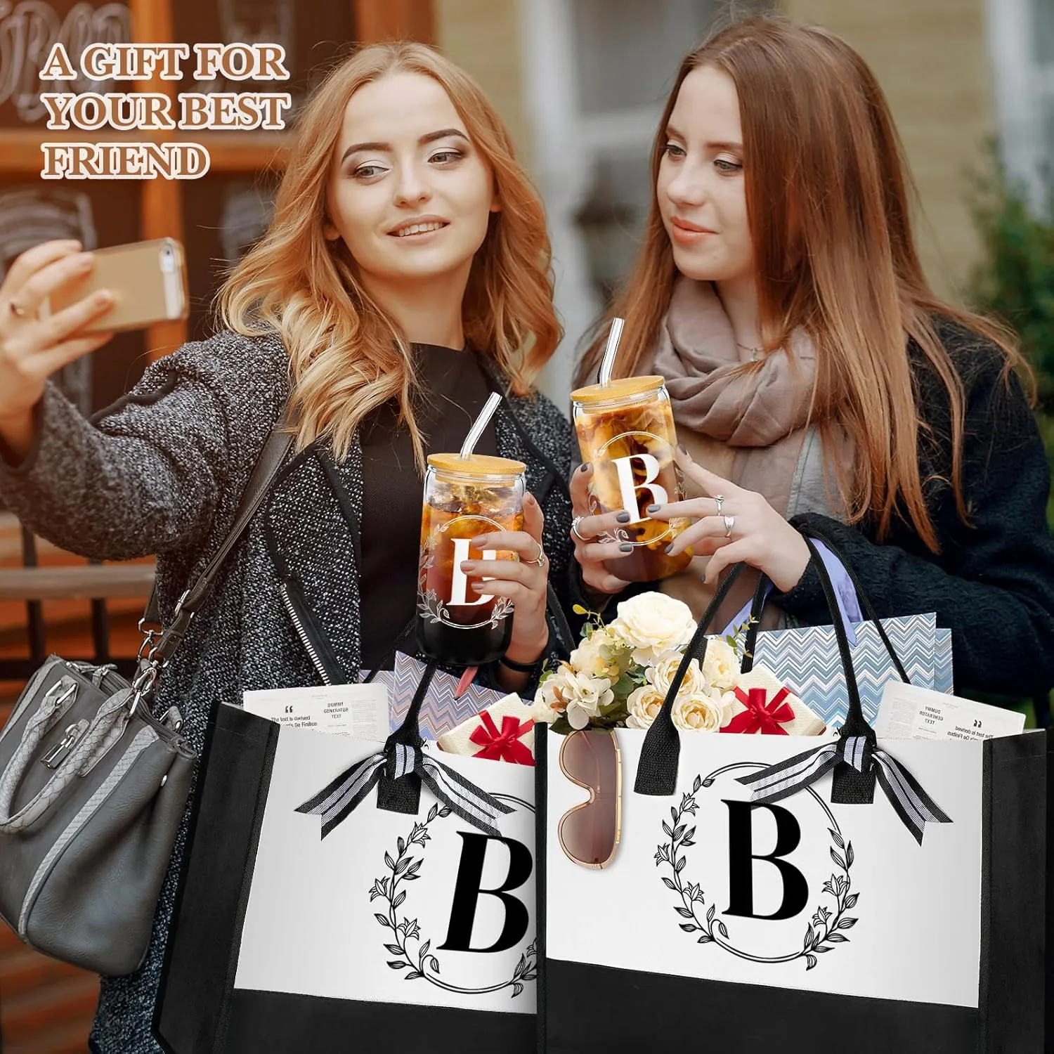 Aliceset Initial Monogram Canvas Tote Bag Personalized Makeup Bag with Zipper 16 oz Glass Cups with Lids Straws Monogrammed(Letter B)