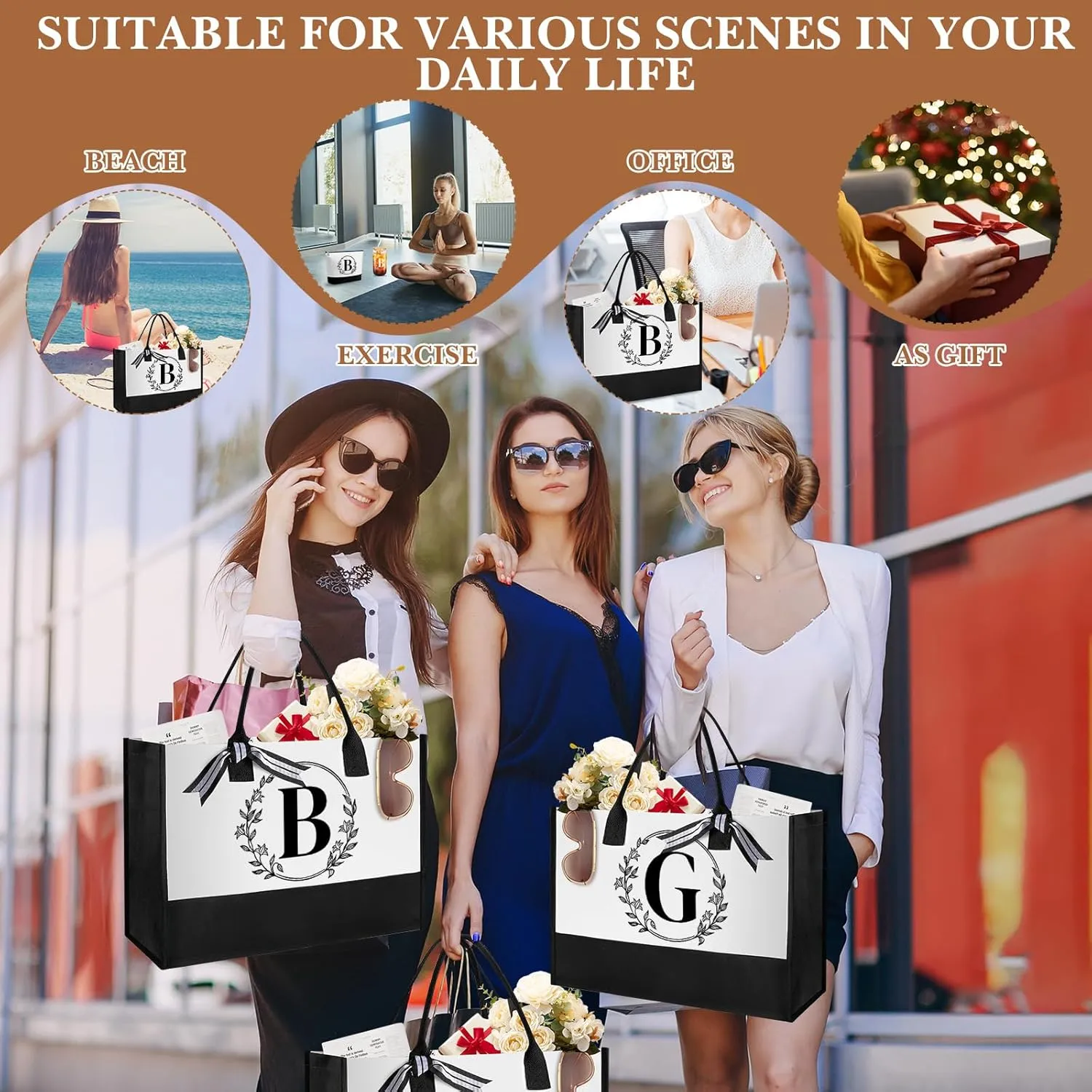 Aliceset Initial Monogram Canvas Tote Bag Personalized Makeup Bag with Zipper 16 oz Glass Cups with Lids Straws Monogrammed(Letter B)