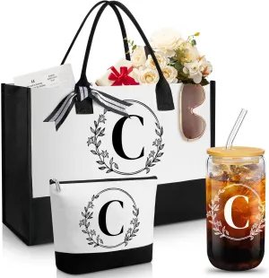 Aliceset Initial Monogram Canvas Tote Bag Personalized Makeup Bag with Zipper 16 oz Glass Cups with Lids Straws Monogrammed(Letter C)