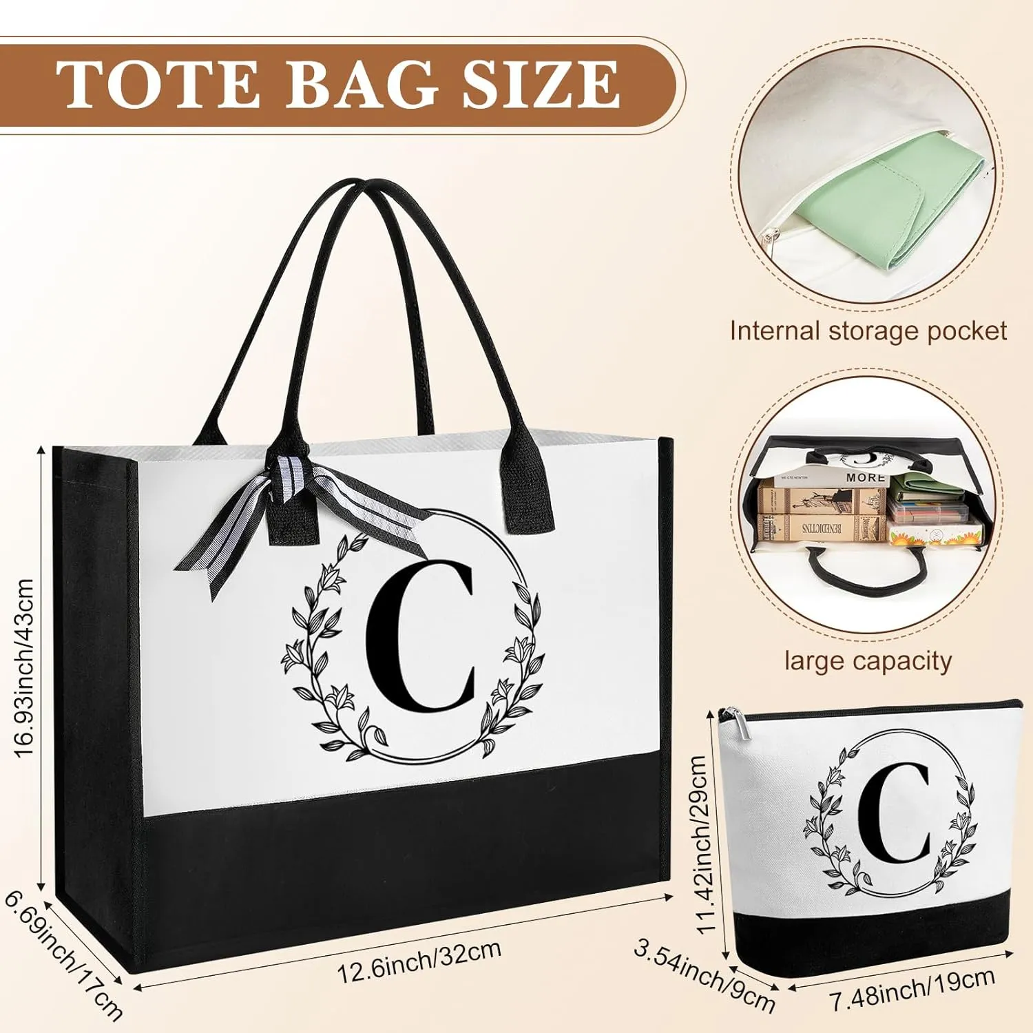 Aliceset Initial Monogram Canvas Tote Bag Personalized Makeup Bag with Zipper 16 oz Glass Cups with Lids Straws Monogrammed(Letter C)