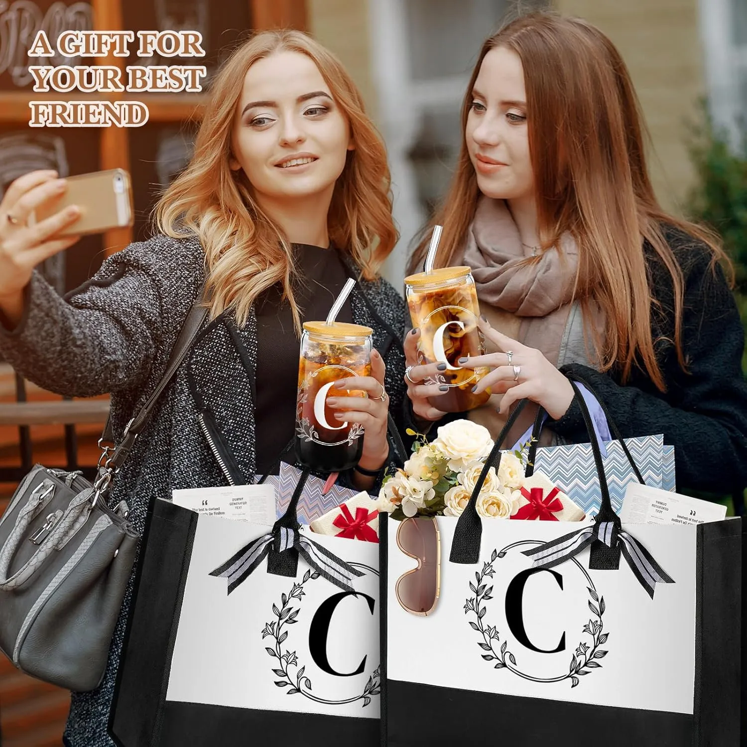 Aliceset Initial Monogram Canvas Tote Bag Personalized Makeup Bag with Zipper 16 oz Glass Cups with Lids Straws Monogrammed(Letter C)