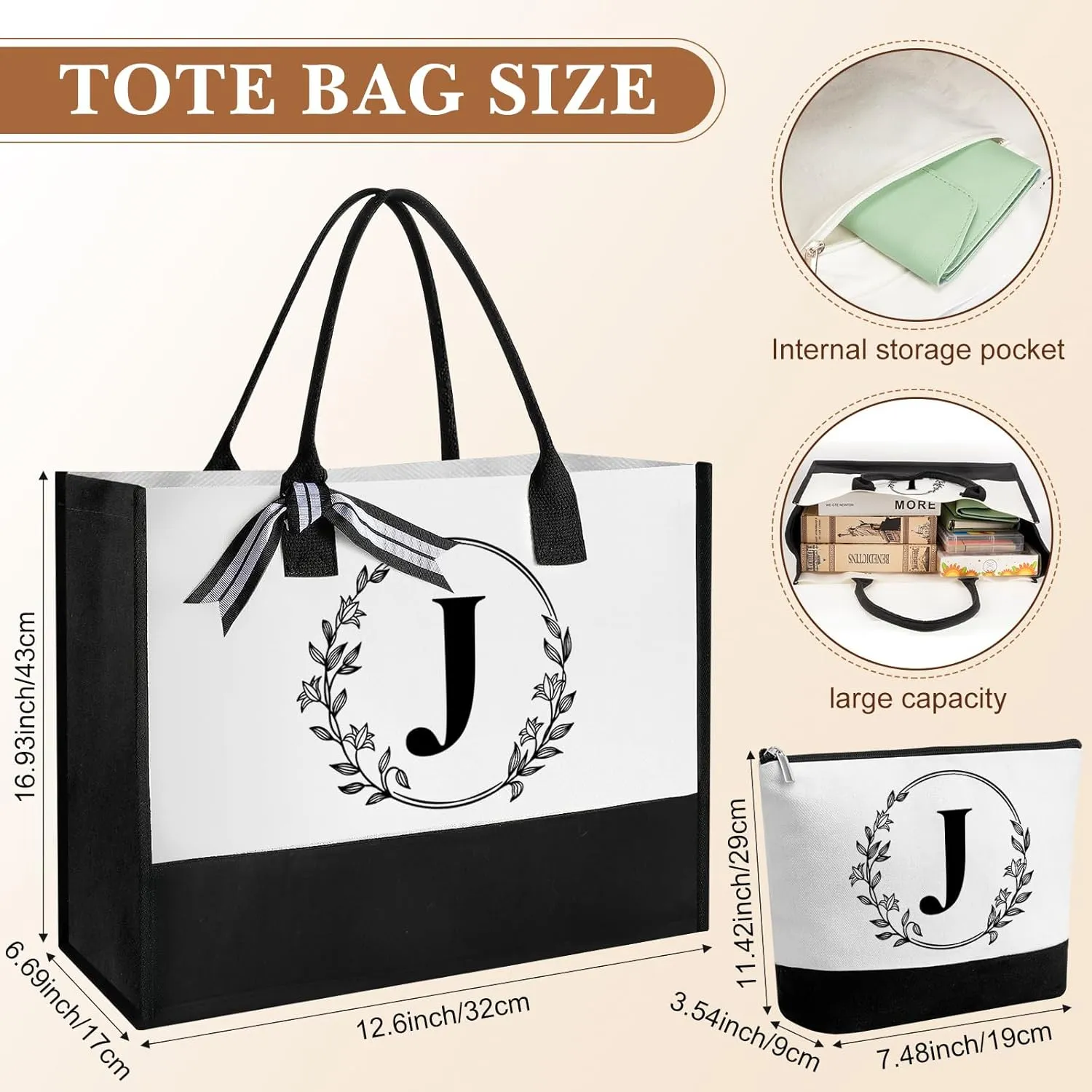 Aliceset Initial Monogram Canvas Tote Bag Personalized Makeup Bag with Zipper 16 oz Glass Cups with Lids Straws Monogrammed(Letter J)