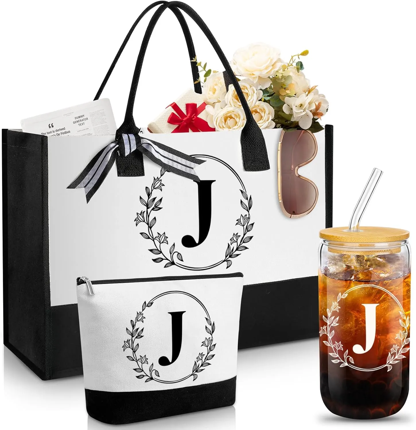 Aliceset Initial Monogram Canvas Tote Bag Personalized Makeup Bag with Zipper 16 oz Glass Cups with Lids Straws Monogrammed(Letter J)