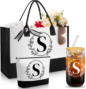Aliceset Initial Monogram Canvas Tote Bag Personalized Makeup Bag with Zipper 16 oz Glass Cups with Lids Straws Monogrammed(Letter S)