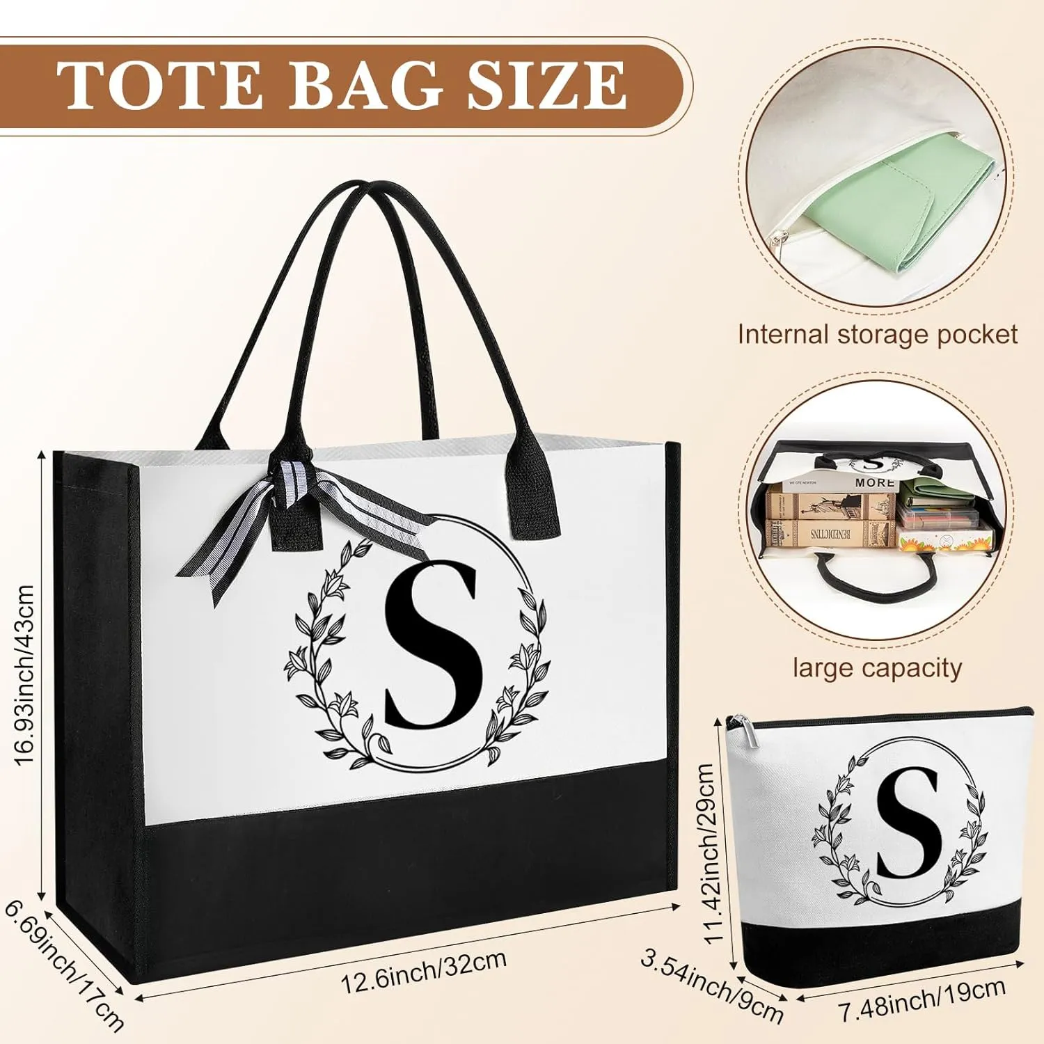 Aliceset Initial Monogram Canvas Tote Bag Personalized Makeup Bag with Zipper 16 oz Glass Cups with Lids Straws Monogrammed(Letter S)